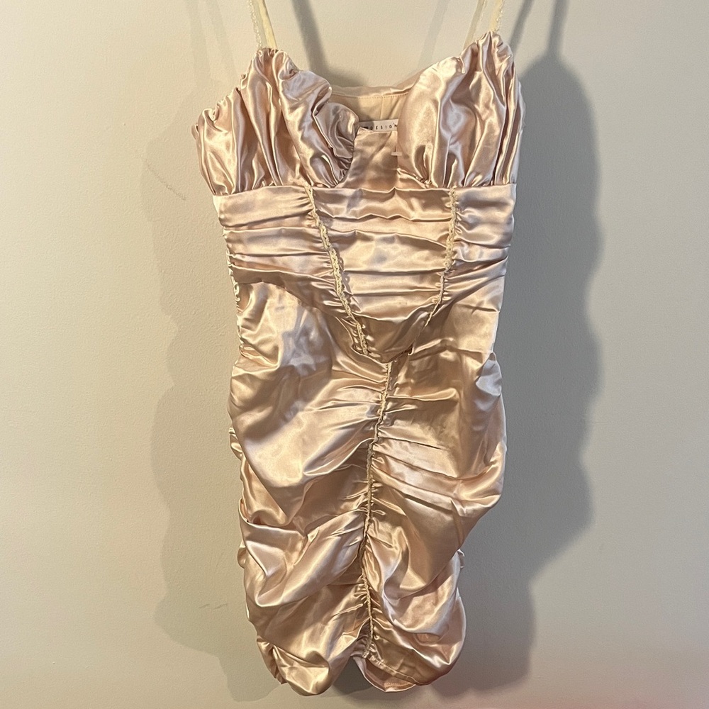 ASOS Satin Ruched Mini Dress in Light Gold